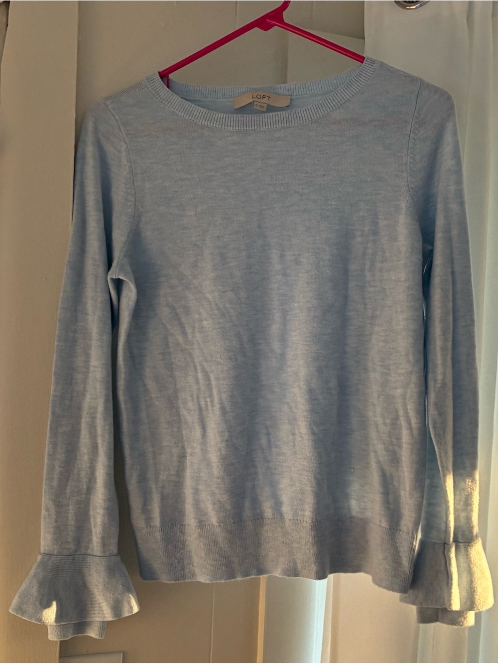 LOFT Light Blue Ruffle-Cuff Crewneck Sweater